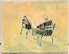 Woman Reading in a Parisian Park Striped Dress French Modernist 20th.C Painting