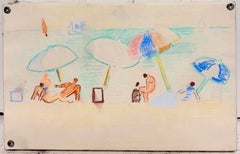 Figures Beneath Colourful Parasols on a French Beach Modernist Pastel 20th.C
