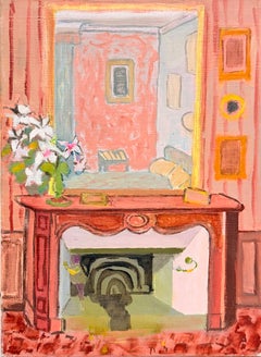 Colourful French Interior with Fireplace and Flowers Modernist Oil Painting