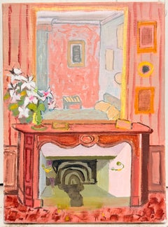 Colourful French Interior with Fireplace and Flowers Modernist Oil Painting