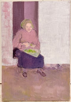 Seated Woman Preparing Vegetables French Modernist 20th Century Oil Painting