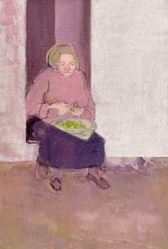 Seated Woman Preparing Vegetables French Modernist 20th Century Oil Painting