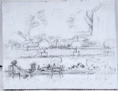 Figures Seated in a Parisian Park French Modernist 20th Century Drawing