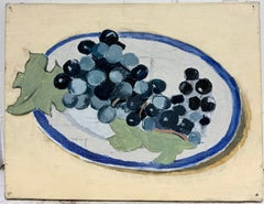Still Life of Black Grapes on a Blue and White Plate French Modernist Oil