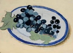 Naturaleza muerta con uvas negras en un plato azul y blanco. Óleo del modernismo francés