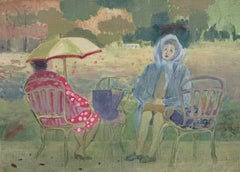 Dos mujeres cenando en un parque de París. Cuadro al óleo modernista francés del siglo XX