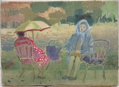 Two Ladies Dining in a Paris Park French Modernist 20th Century Oil Painting
