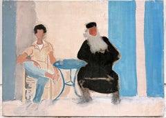 Two Figures at a Café with Bearded Cleric Man French Modernist Oil Painting