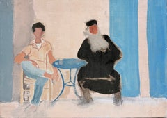 Two Figures at a Café with Bearded Cleric Man French Modernist Oil Painting