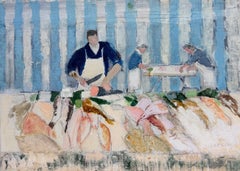 Fish Mongers in a Colourful Fish Market Scene 20th.C Modernist Oil Painting