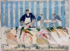 Fish Mongers in a Colourful Fish Market Scene 20th.C Modernist Oil Painting