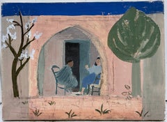 Figures Seated in a Arched Mediterranean Garden 20th.C Modernist Oil Painting