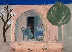 Figures Seated in a Arched Mediterranean Garden 20th.C Modernist Oil Painting