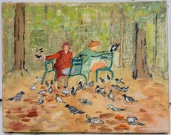 Feeding the Pigeons in a Autumnal Woodland 20th.C Modernist Acrylic Painting