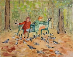 Feeding the Pigeons in a Autumnal Woodland 20th.C Modernist Acrylic Painting
