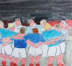 Rugby Players in a Team Huddle French 20th.C Modernist Painting Oil