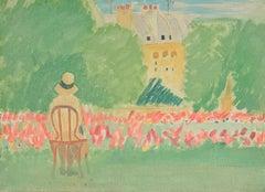 Peaceful Figure in the Jardin du Luxembourg Paris 20th.C Modernist Oil Painting