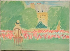 Peaceful Figure in the Jardin du Luxembourg Paris 20th.C Modernist Oil Painting