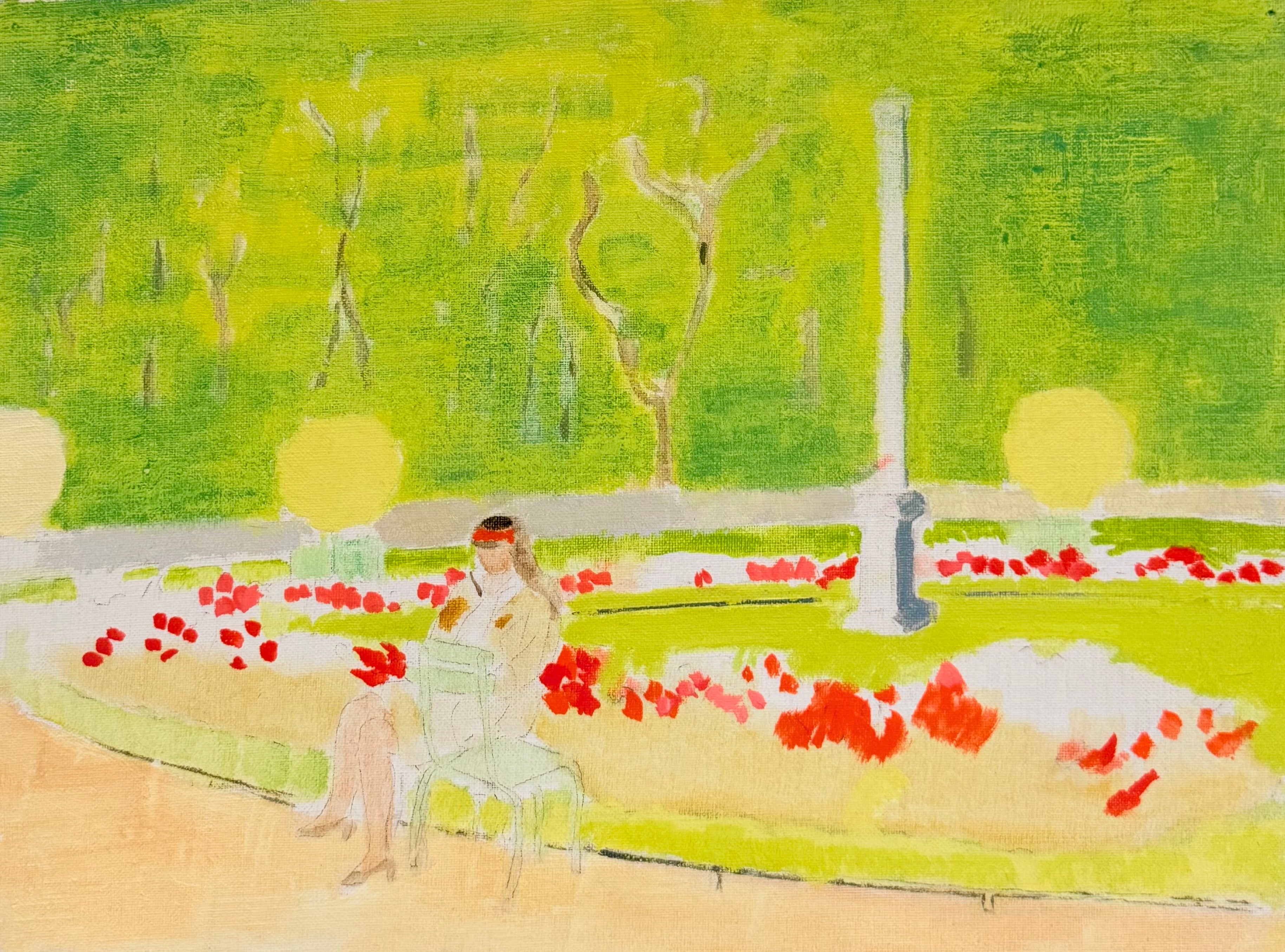 Laure Noetzin-Azam (French 1929-2024) Figurative Painting - Figure Reading Among Red Poppies in the Jardin du Luxembourg Modernist 20th.C