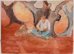 Artisan at Work Beneath a Autumn Tree French Modernist 20th Century Oil Painting