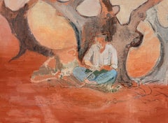 Artisan at Work Beneath a Autumn Tree French Modernist 20th Century Oil Painting