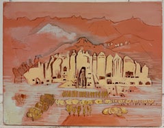 Ancient Desert City and Mountain Landscape French Modernist 20th.C Oil Painting