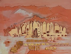 Ancient Desert City and Mountain Landscape French Modernist 20th.C Oil Painting