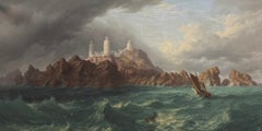 Les Casquets Lighthouse Guernsey Sail Boats & Shipwreck Huge 19th Century Oil