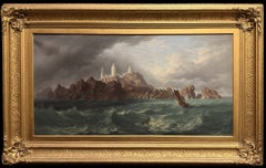 Les Casquets Lighthouse Guernsey Sail Boats & Shipwreck Huge 19th Century Oil