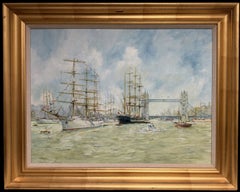 Shipping on the Thames with Tower Bridge Large 20th Century British Oil Painting