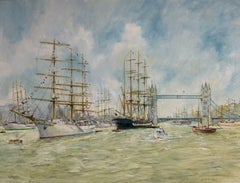 Shipping on the Thames with Tower Bridge Large 20th Century British Oil Painting