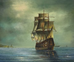 20th Century British Maritime Tall Ship Gunship at Sea Oil Landscape Painting