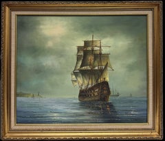 20th Century British Maritime Tall Ship Gunship at Sea Oil Landscape Painting
