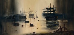 Brooding Misty Harbor with Tall Sailing Ships 20th Century Maritime Oil Painting