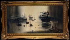 Brooding Misty Harbor with Tall Sailing Ships 20th Century Maritime Oil Painting