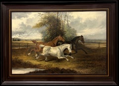19th Century British Equestrian Oil Painting Three Horses Galloping Steam Train