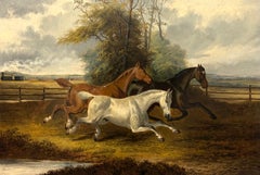19th Century British Equestrian Oil Painting Three Horses Galloping Steam Train