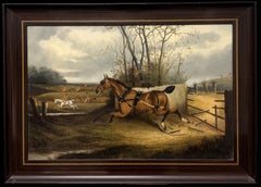 Galloping Horses British Hunting Scene 19th.C Victorian Sporting Oil Painting