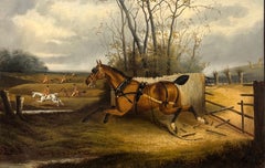 Galloping Horses British Hunting Scene 19th.C Victorian Sporting Oil Painting