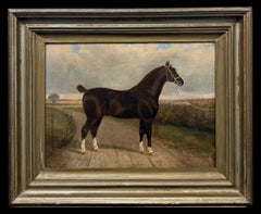 Prize Bay Horse in Country Landscape Fine 19th.C British Equestrian Oil Painting