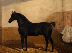 19th.C British Equestrian Sporting Oil Painting Dark Bay Racehorse in Stable