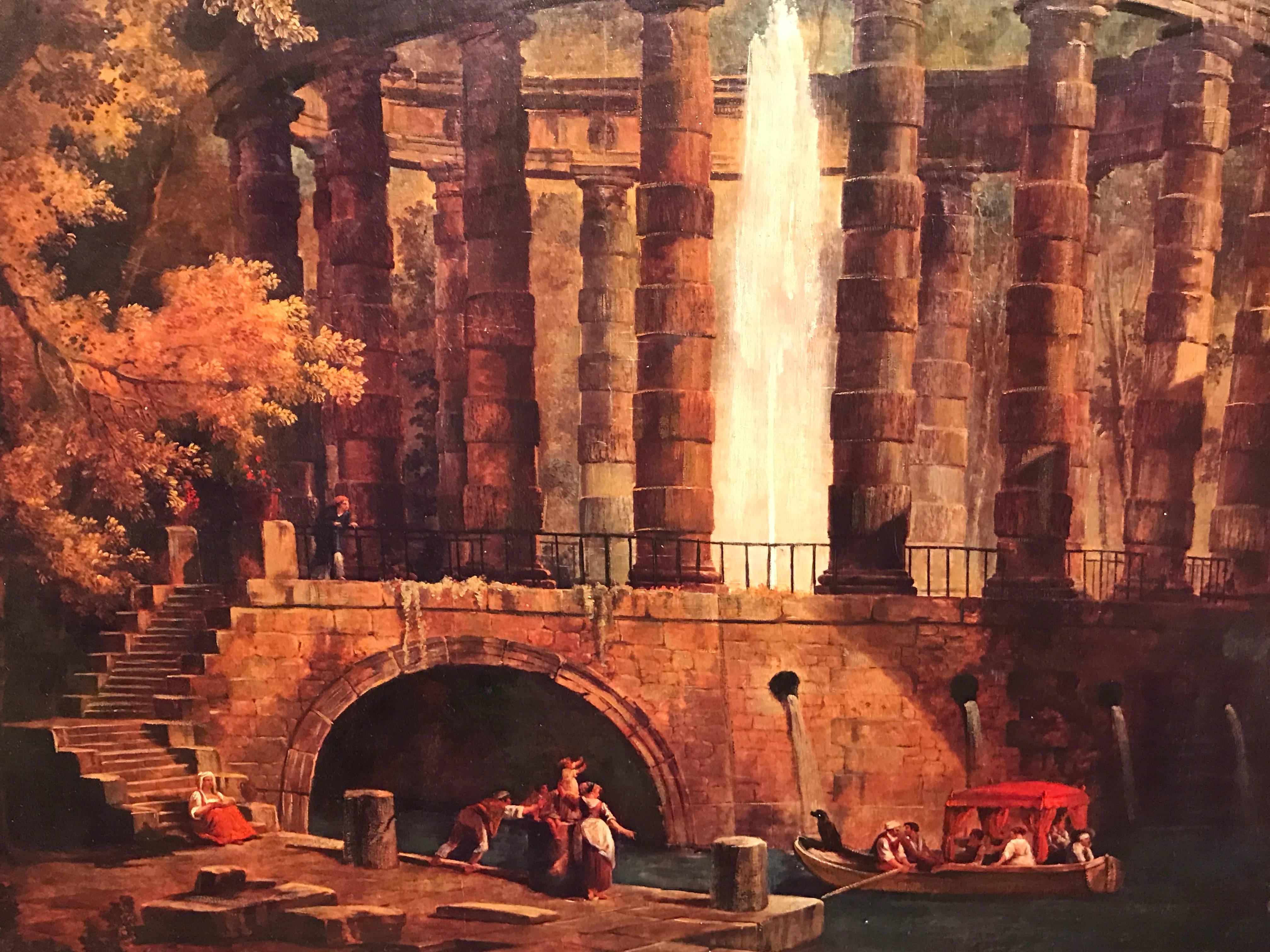 Exceptionally fine quality oil painting on canvas, depicting these travellers before ancient Roman architecture. The subject is likely taken from a Grand Tour expedition of European aristocracy during the 18th century. 

The painting is a 20th