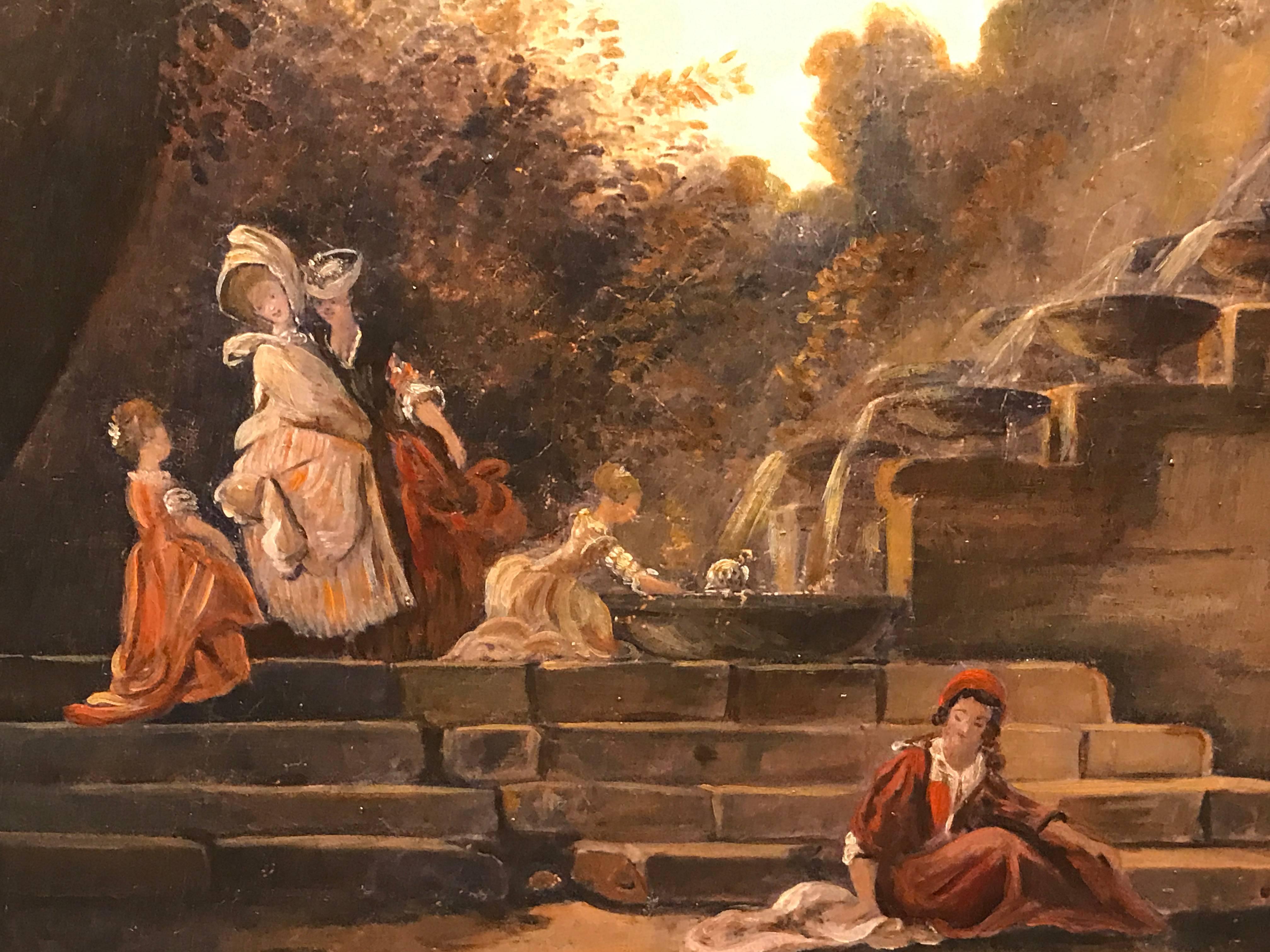 Classical French Oil Painting Figures before Ancient Roman Architecture - Brown Figurative Painting by Unknown