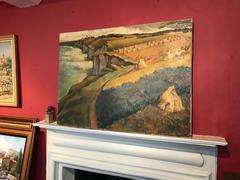 Large French Post-Impressionist Signed Oil Haystacks overlooking Coastline