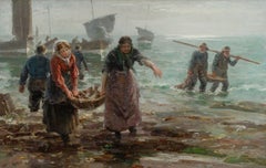 Huge Scottish Antique Signed Oil Painting Fisherfolk Bringing in Catch on Beach