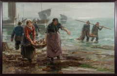 Huge Scottish Antique Signed Oil Painting Fisherfolk Bringing in Catch on Beach