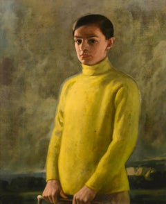 Magnifique portrait aristocratique anglais des années 1920 représentant un jeune garçon vêtu d'un pull jaune et tenant une cravache de chasse