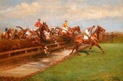 Fine Antique English Sporting Oil Painting Racehorses Jumping Fence Horse Racing