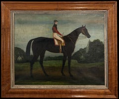 19thC English Oil Equestrian Portrait of Derby Winner Race Horse with Jockey Up