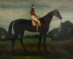 19thC English Oil Equestrian Portrait of Derby Winner Race Horse with Jockey Up